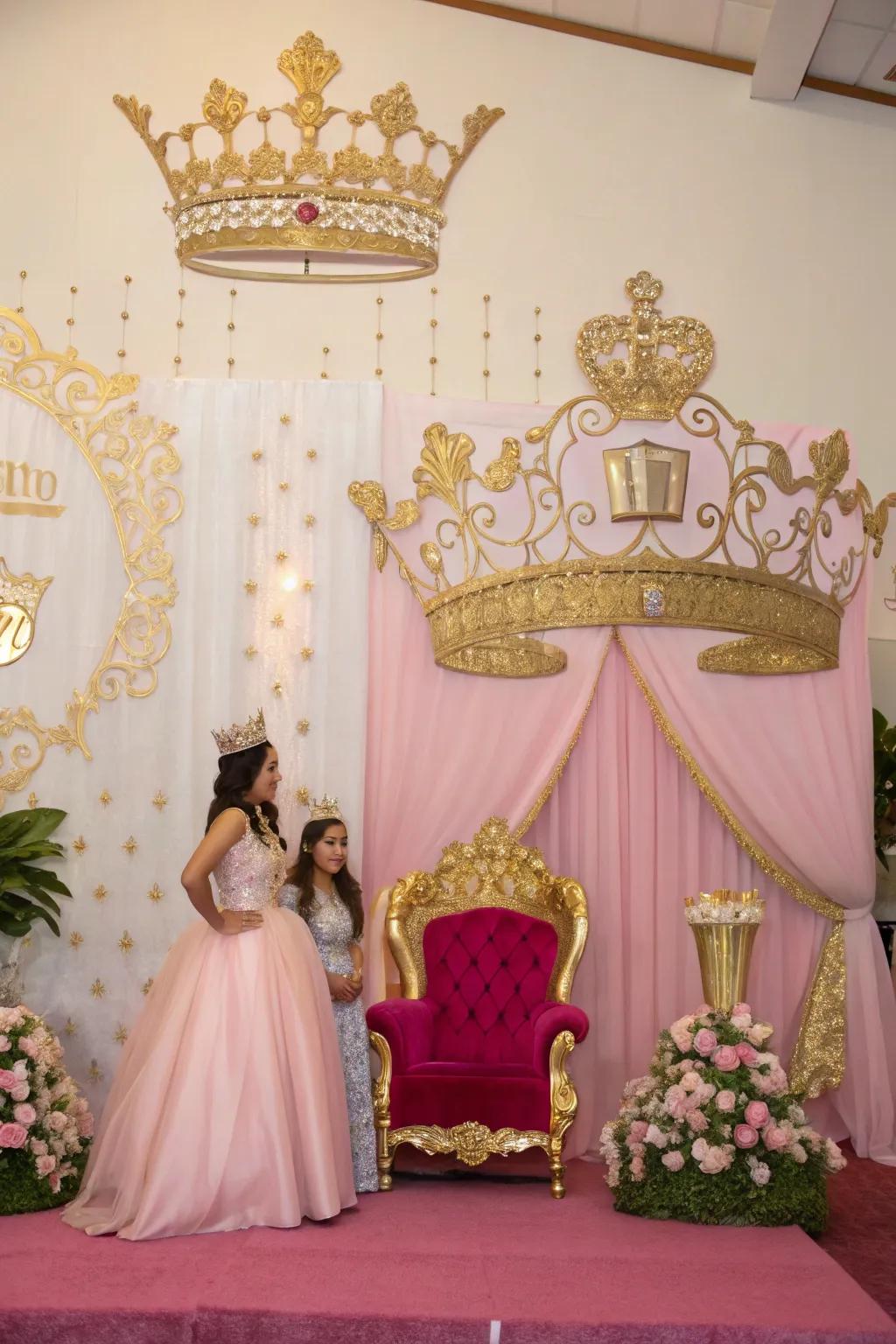 Royal-themed decorations give a majestic touch to your quinceañera.