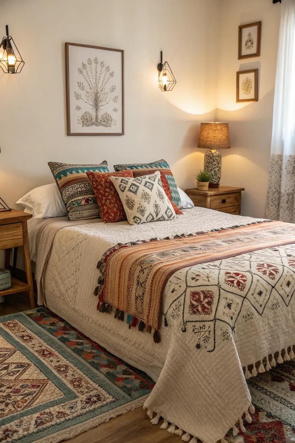 A snug layout featuring layered fabrics and patterned highlights.