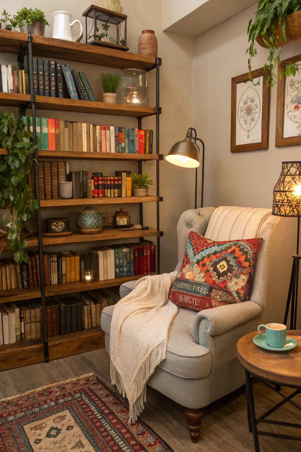 A comfy and varied reading spot for reading lovers.