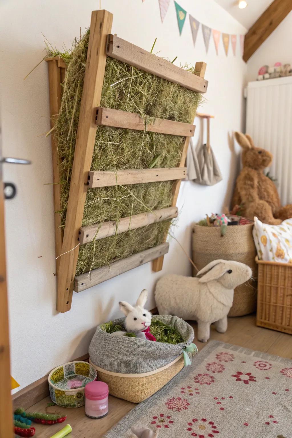A DIY hay holder provides accessible eating for rabbits.