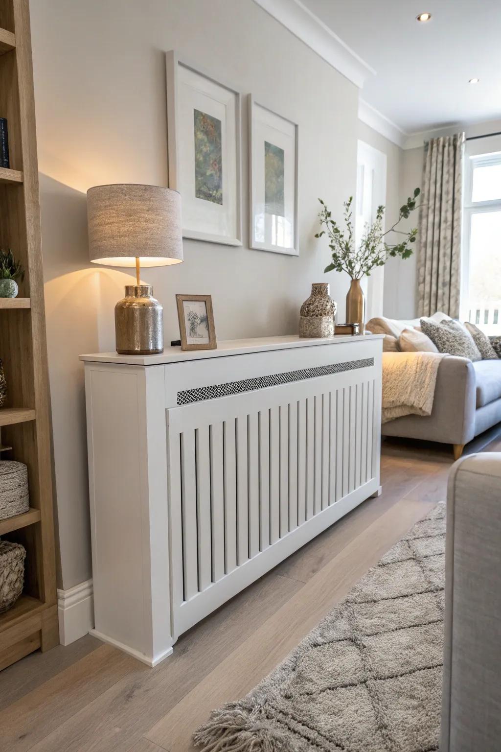 A minimalist radiator housing enhances the uncluttered aesthetic of a modern living area.