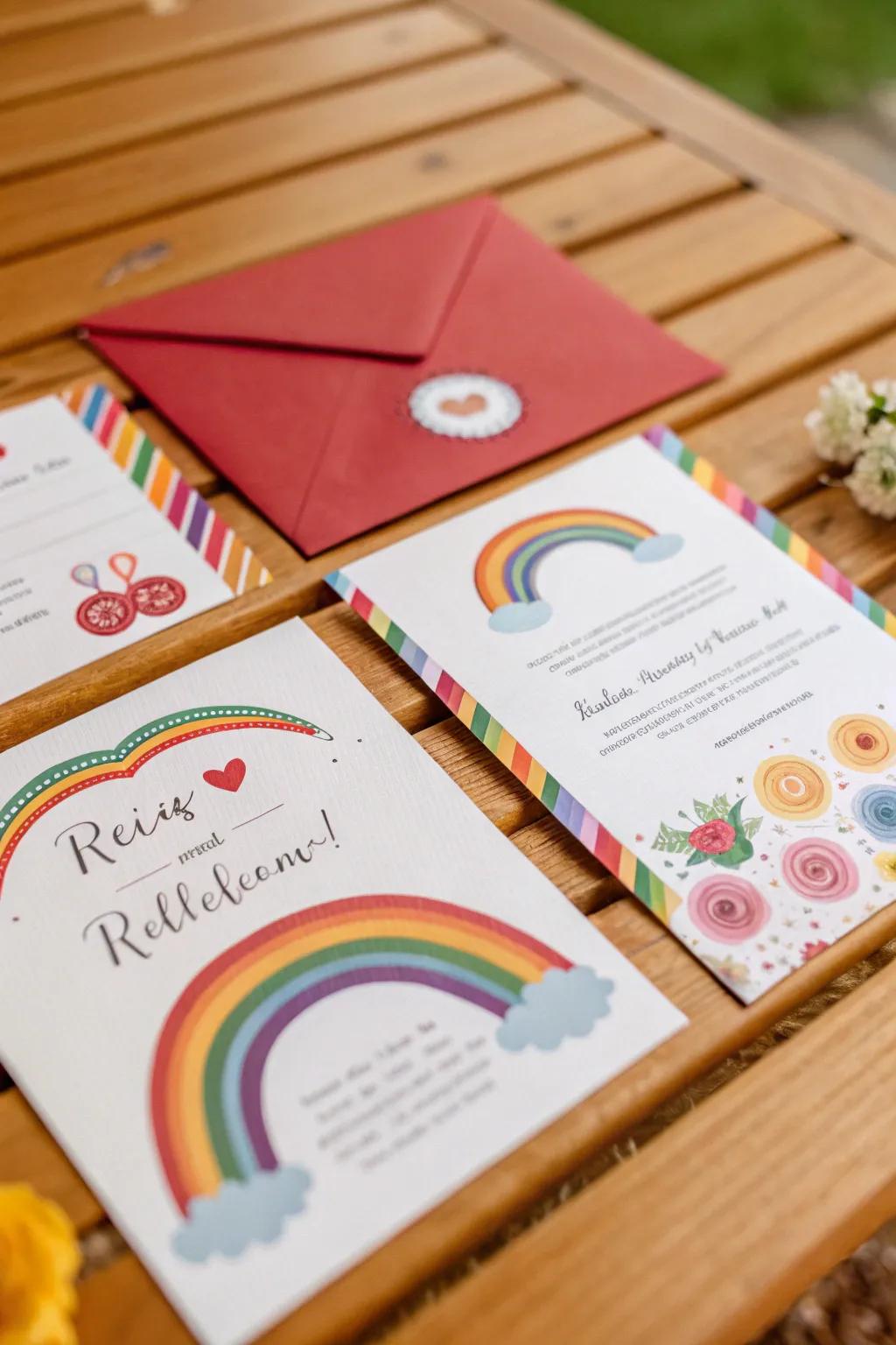 Wedding invitations bursting with rainbow colors, setting an exciting tone for the upcoming celebration.