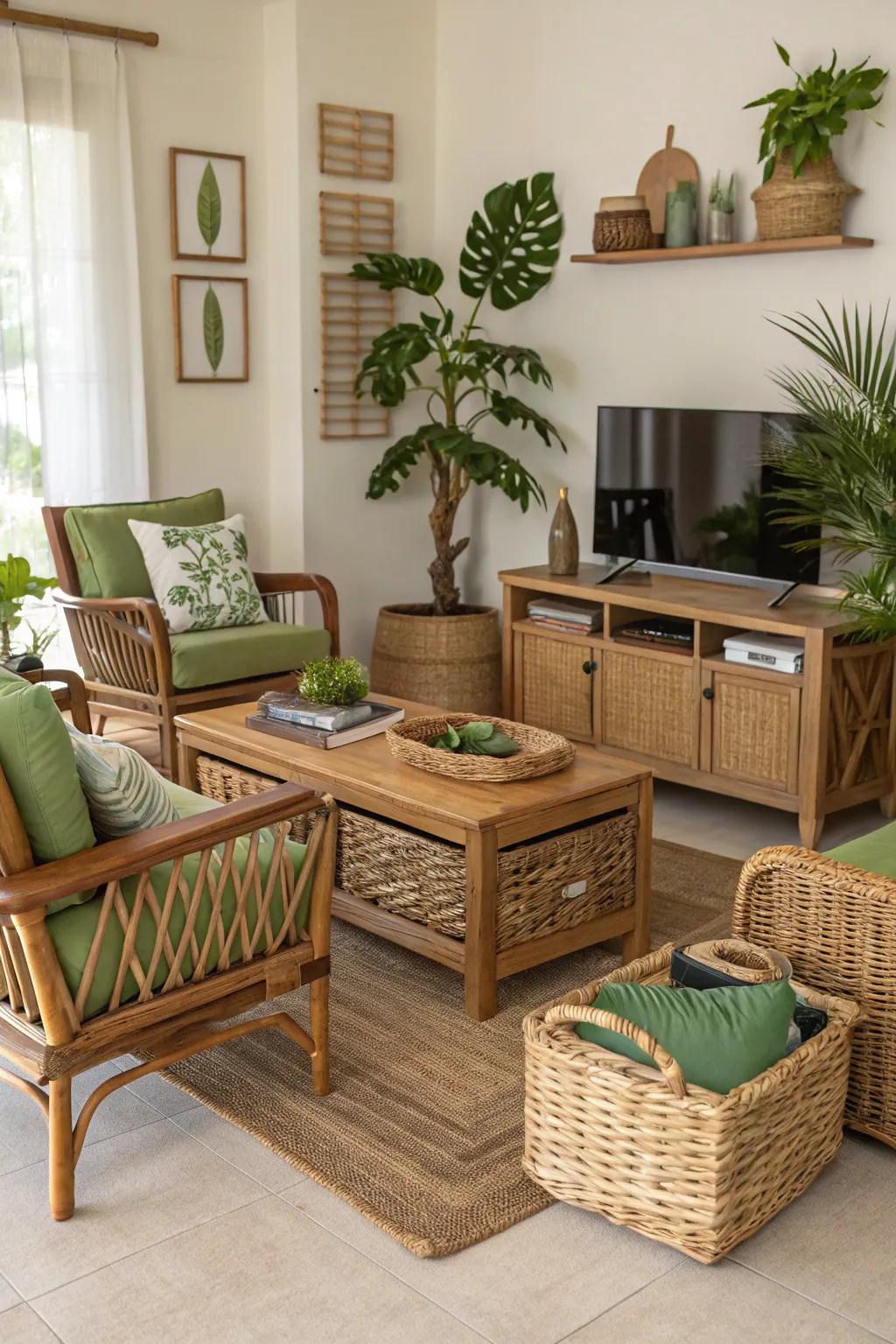Utilize organic textures like wicker and wood for an authentic sensation.