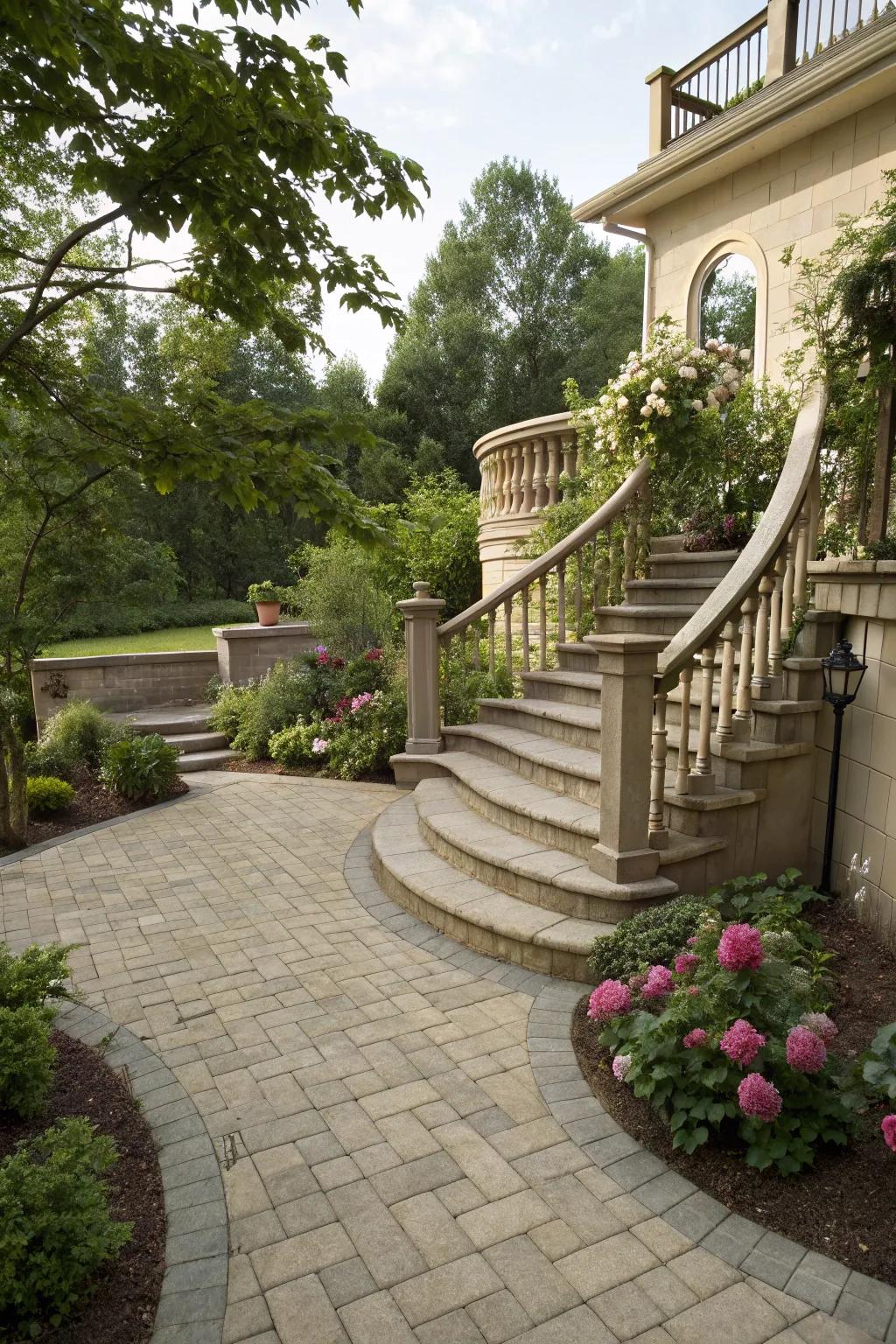 Staircases inject sophistication and practicality into multi-tiered patios.