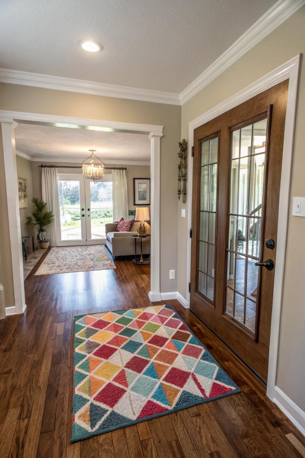 An area rug adds style and comfort to the entrance area.