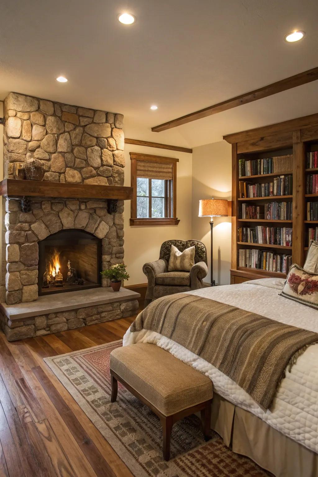 A bedroom featuring a stone hearth and a comfortable seating arrangement.