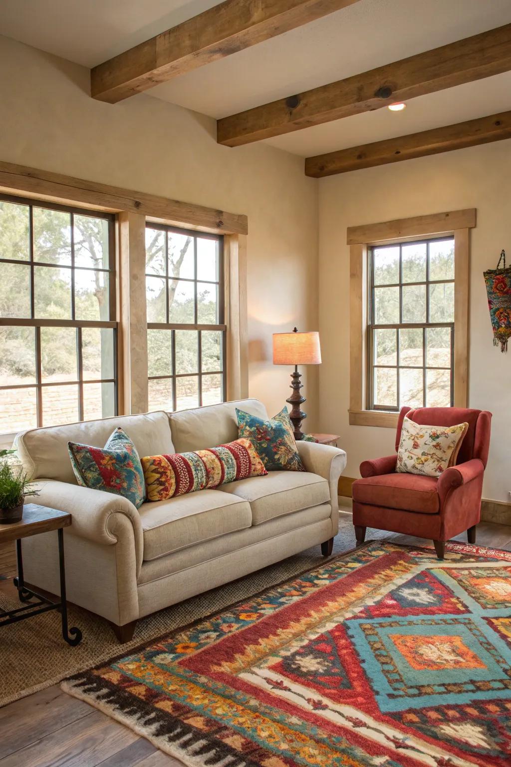 A neutral foundation with vibrant accents keeps the decor captivating.