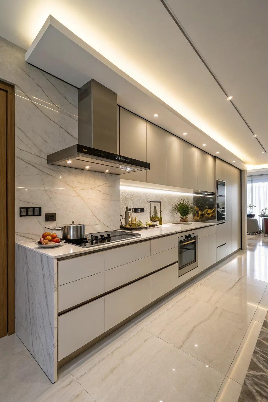 Unified cabinetry beautifully conceals the range hood for a sleek look.
