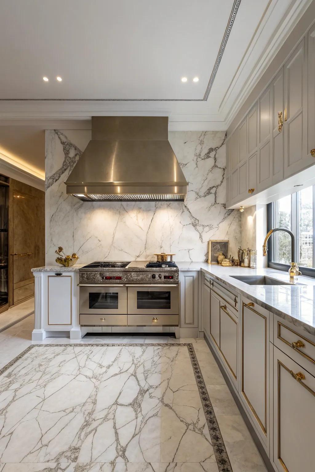 A luxurious kitchen featuring a marble splash guard and matching vent hood for an elegant touch.