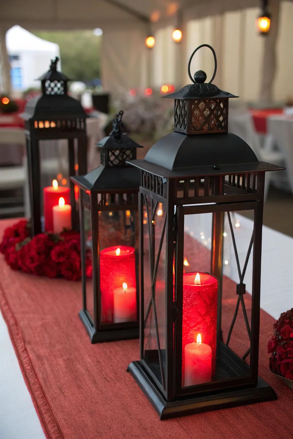 Obsidian beacons with scarlet lights fashion a warm and hospitable centerpiece.