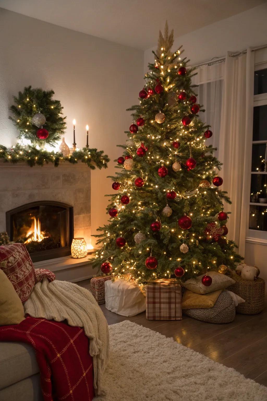Honeyed incandescent bulbs beautifully enhance the red and gold theme.