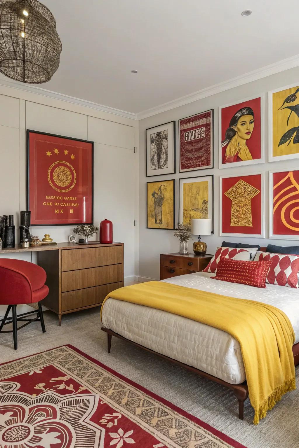 Artwork in red and yellow acts as a focal point, uniting the area’s design components.