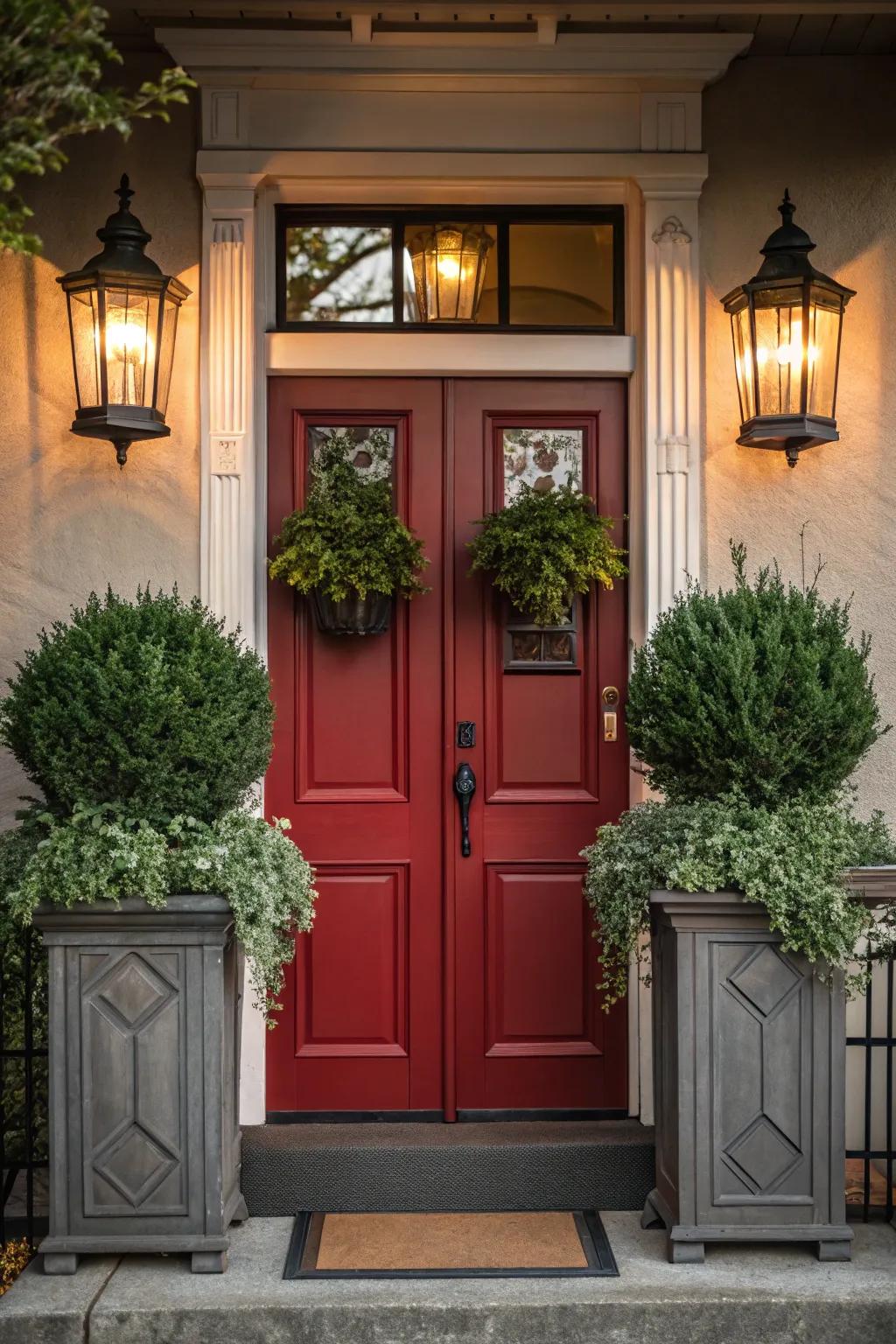 Symmetrically designed crimson door with matching decoration details.