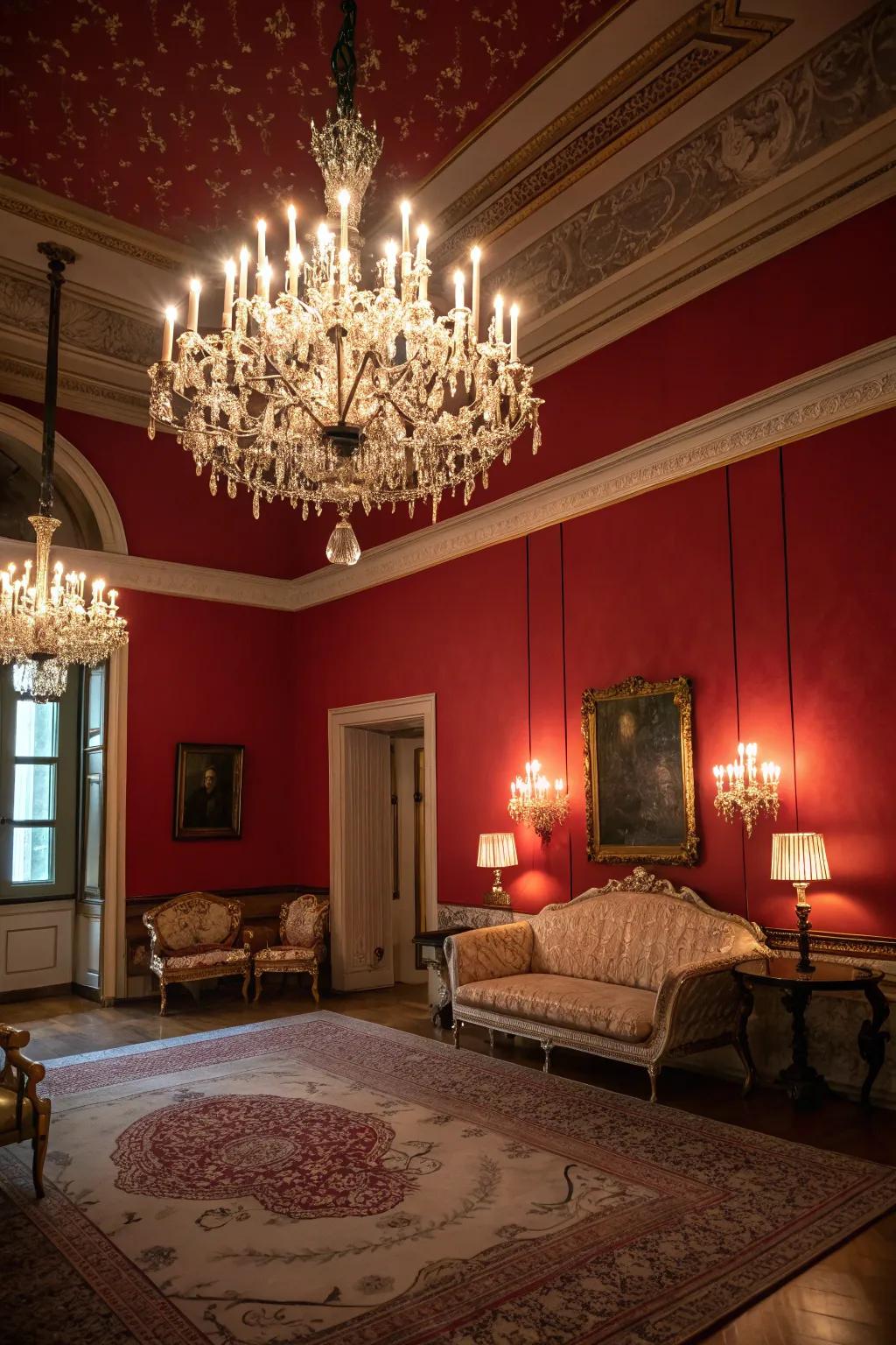 Dramatic lighting accentuates the rich crimson shades in this fashionable space.