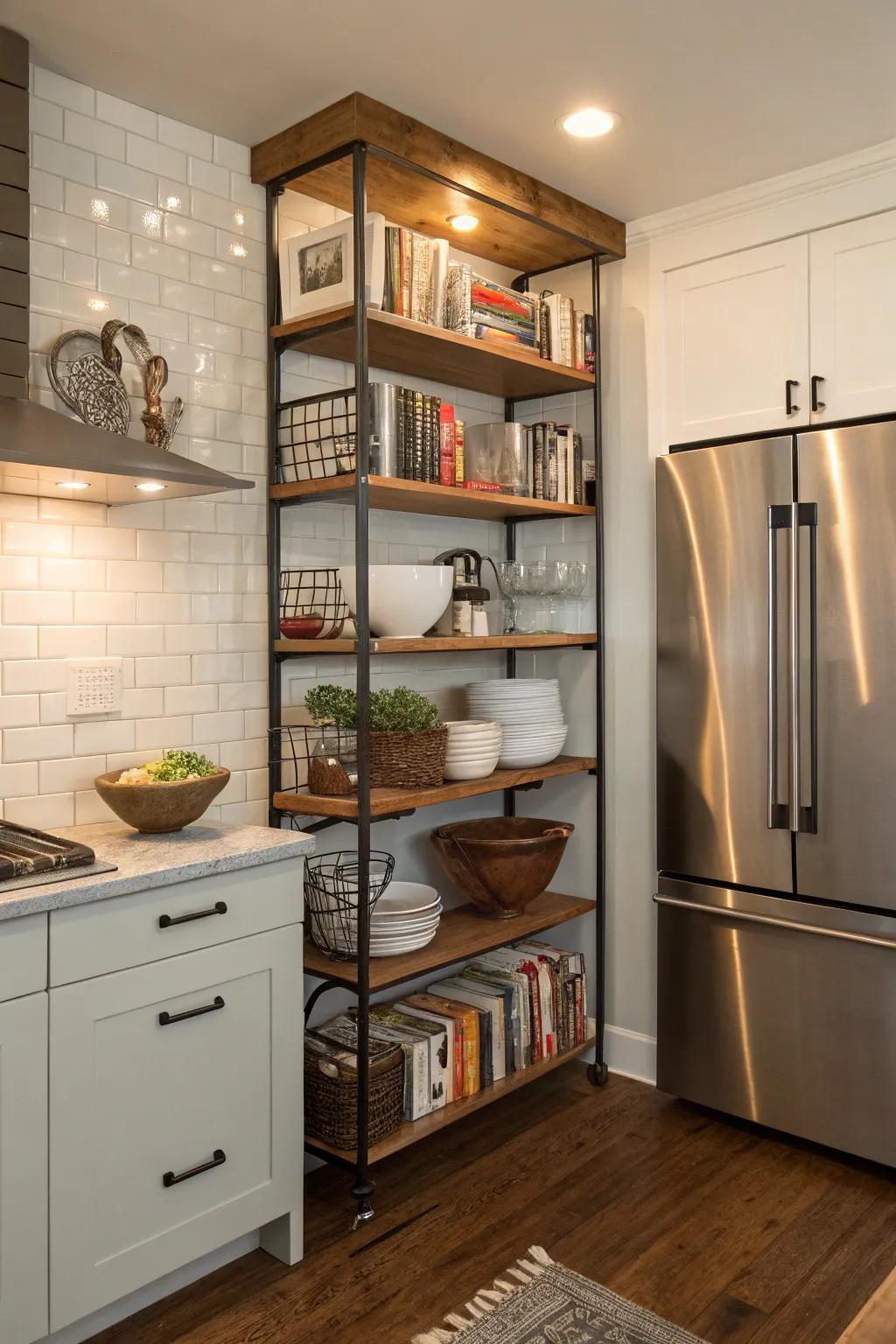 Decorative shelving around the refrigerator personalizes the kitchen with style and function.