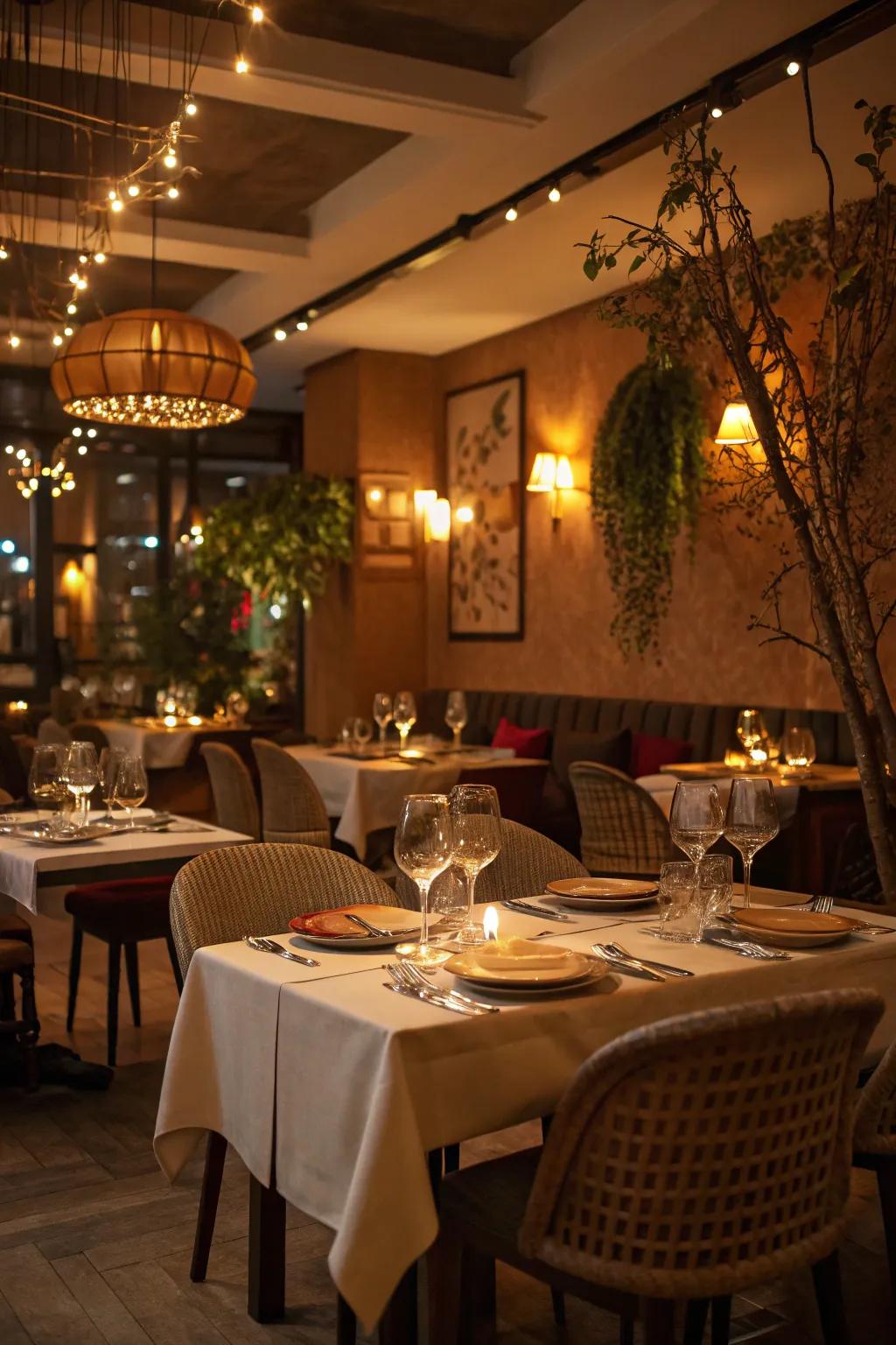 Customized lighting sets the tone for a comfy and enticing dining encounter.