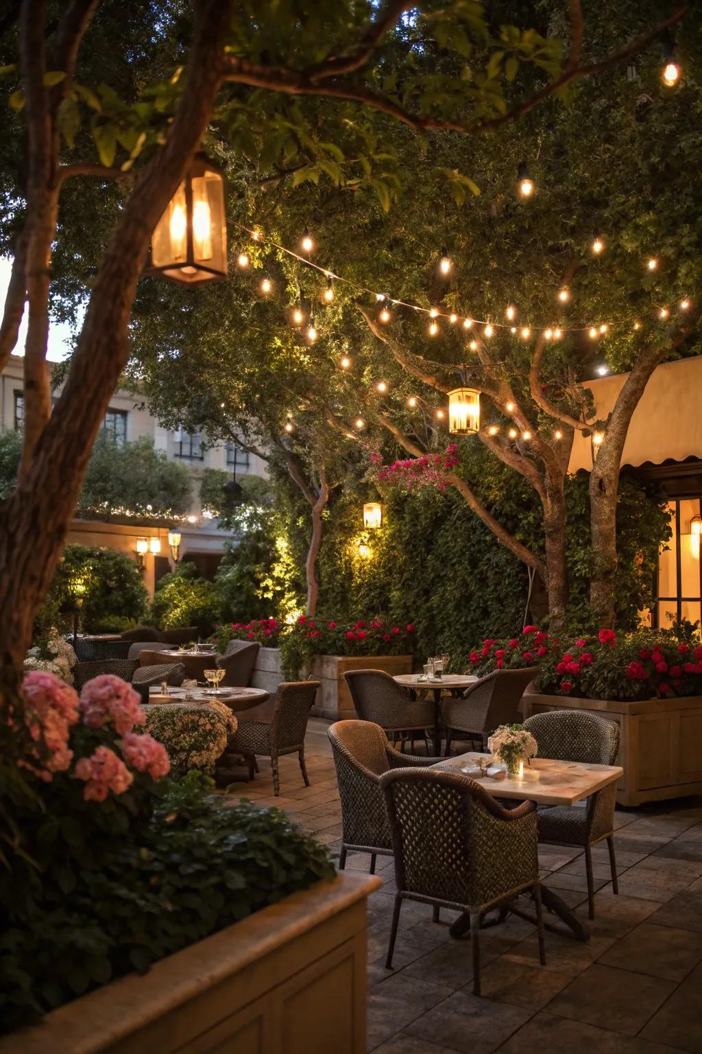 Illumination interwoven with nature fashions a seamless integration.