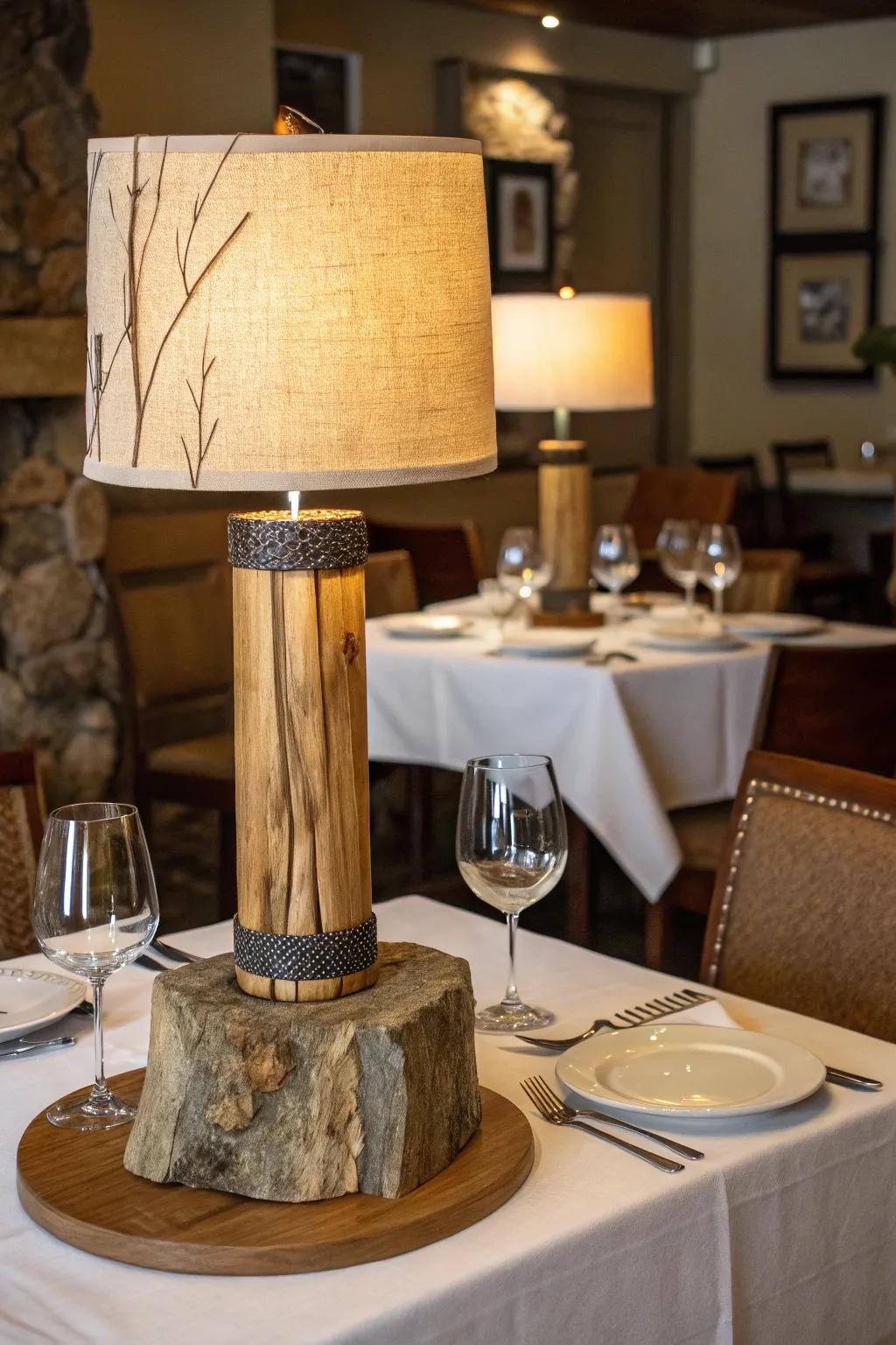 A nature-inspired table lamp featuring wood and stone accents graces a restaurant table.