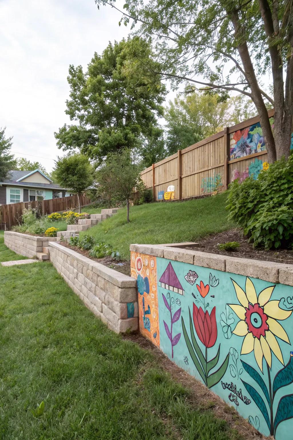 A backyard retaining wall creatively painted into a colorful mural.