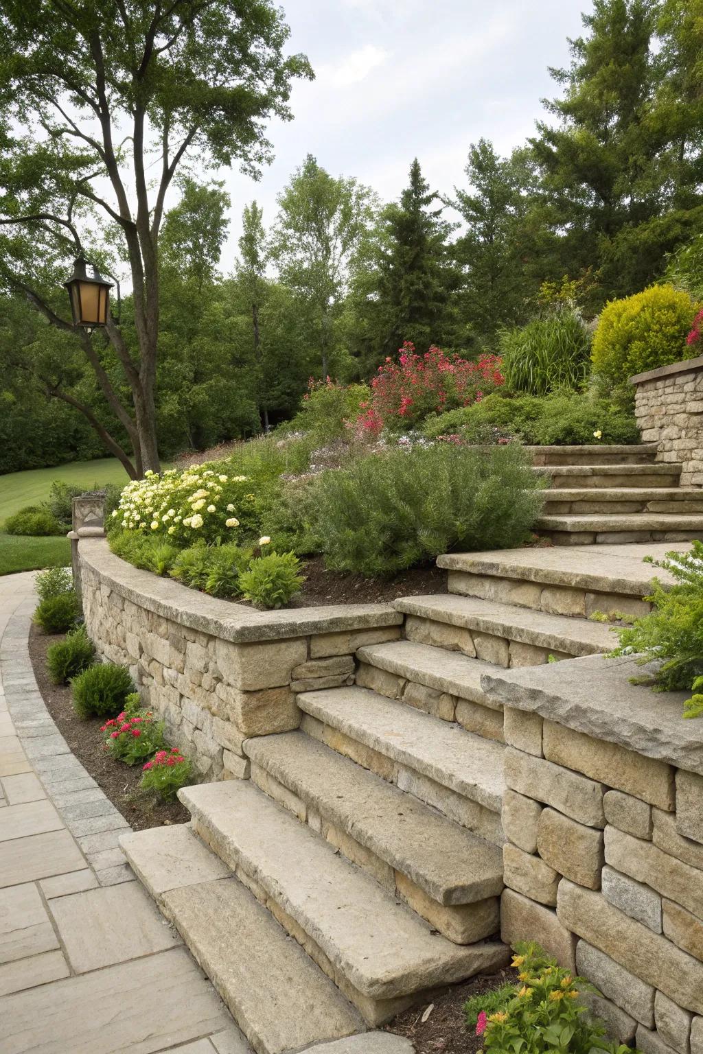 A supporting structure with integrated steps offering access through a lush, verdant garden.