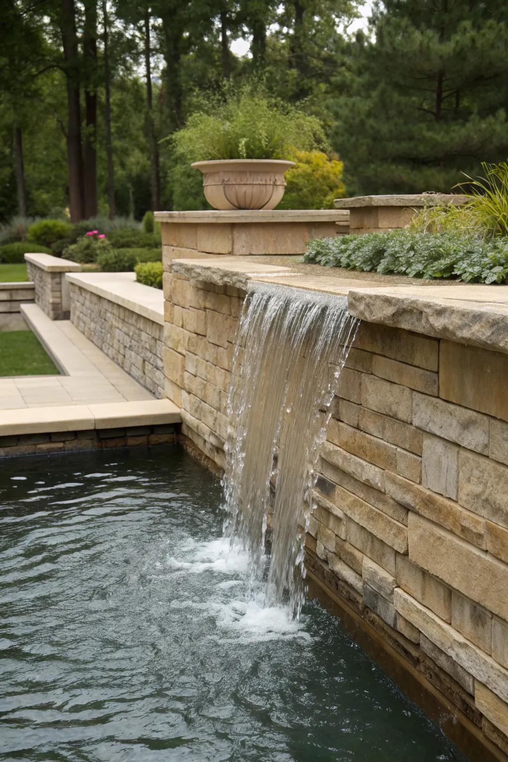 A waterfall feature set into a retaining wall for a spa-like ambiance.