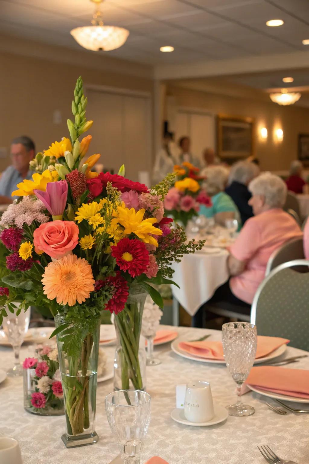 Botanical centerpieces contribute elegance and freshness to the gathering.