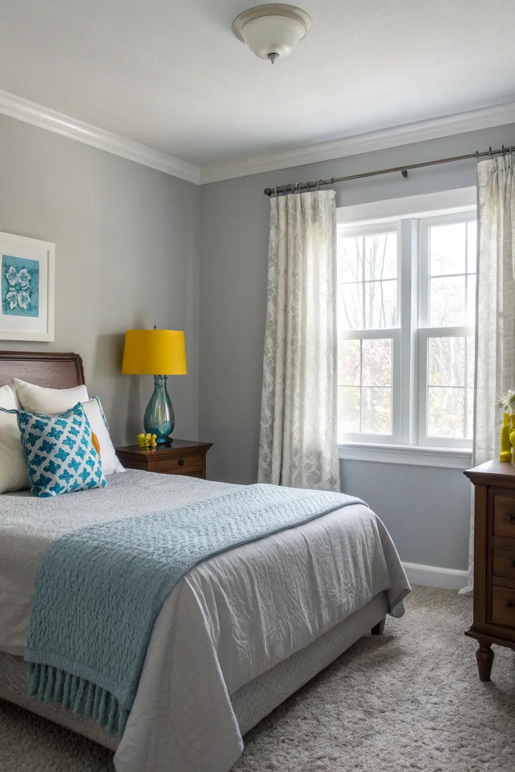 Subtle color accents add interest to a Gentle Gray bedroom.