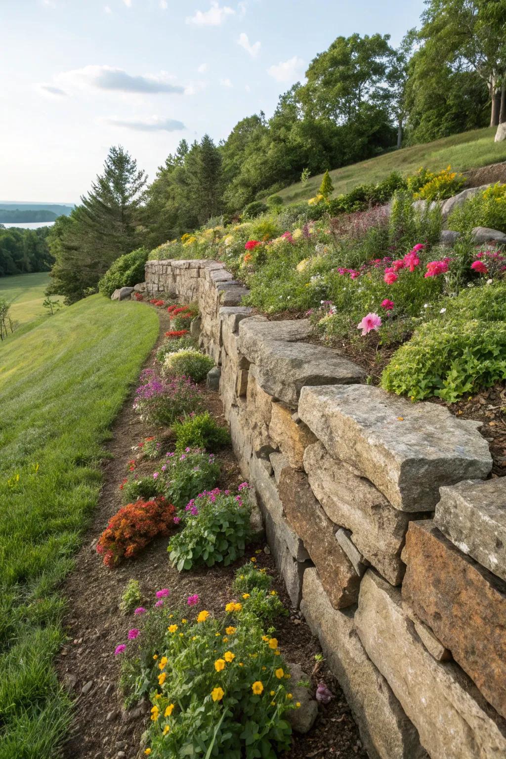 A robust stone supporting wall stabilizes a vibrant hillside garden.