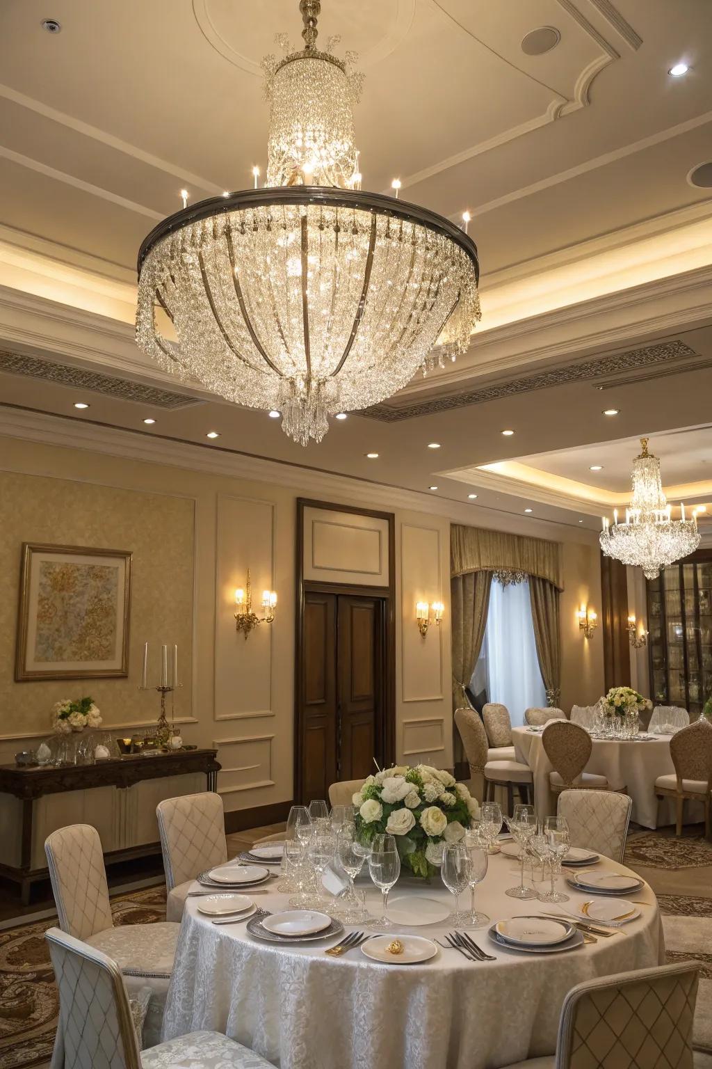 A chandelier adds an element of class and shimmer to your dining pleasure.