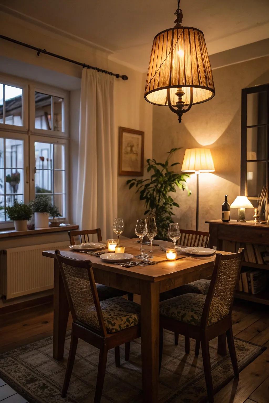 Build a cozy atmosphere by using softened lighting for your romantic dinner.