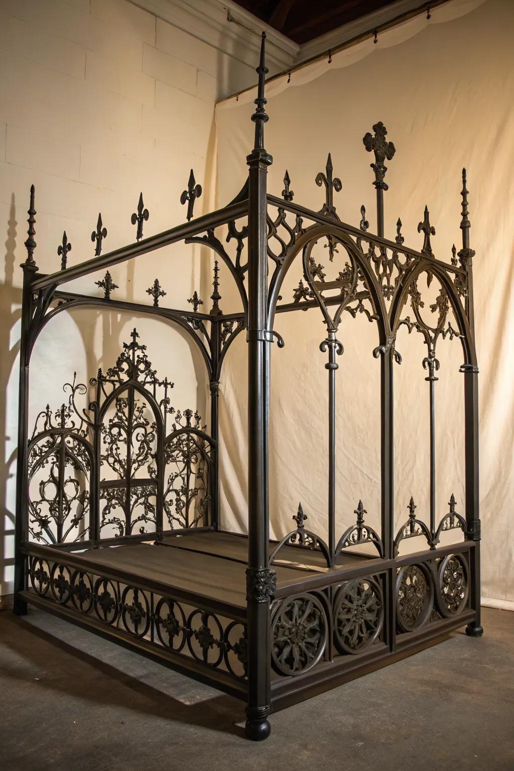 Forged iron details inject classic gothic charm into the sleeping quarters d&eacute;cor.