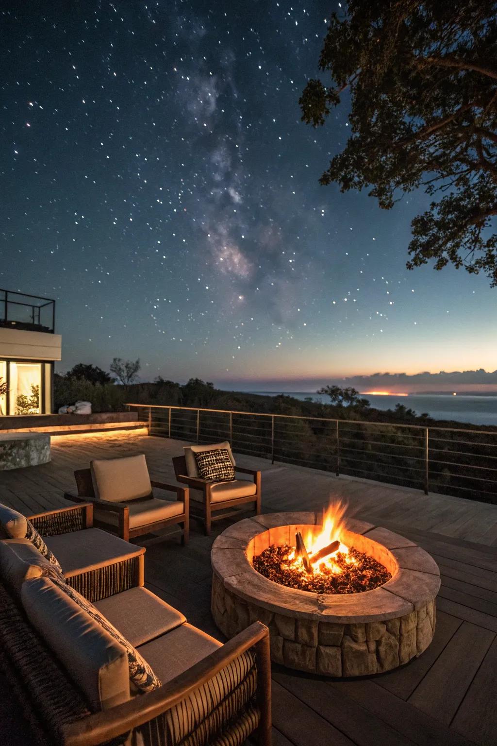 A bonfire creates a warm and inviting atmosphere on the rooftop.