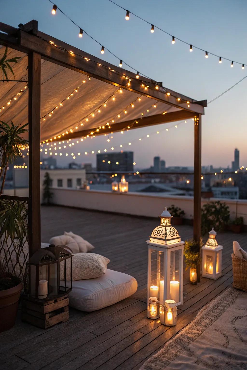 Imaginative luminosity transforms your rooftop into a nocturnal paradise.