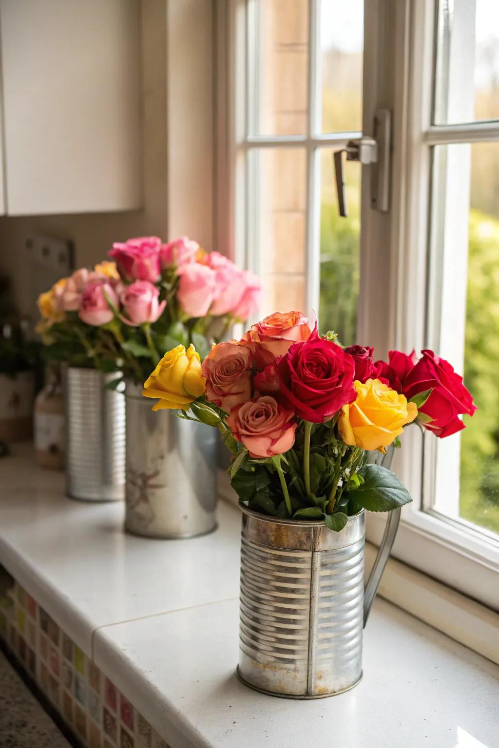 Peculiar charm by way of retro metallic receptacles plus kaleidoscopic roses.