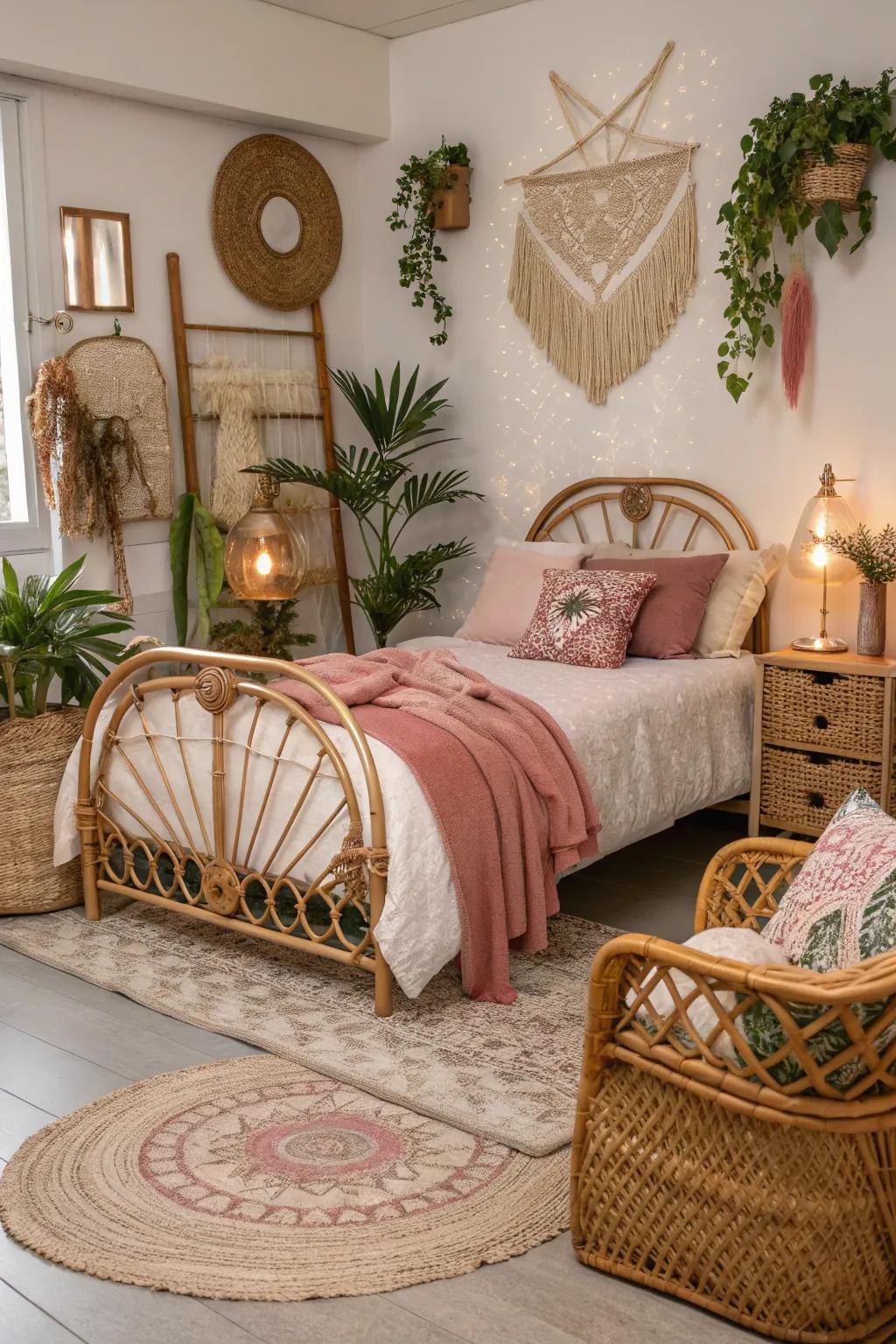 The synergy of rattan and rose gold crafts a tranquil, bohemian-inspired retreat.