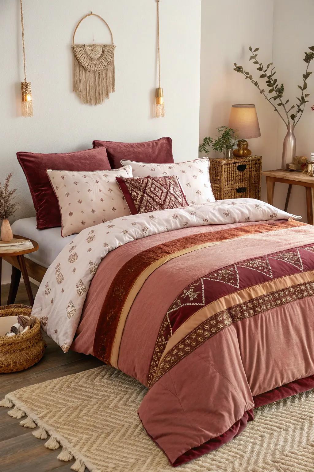 Burgundy and rose gold bedding creates a luxurious and inviting bed.