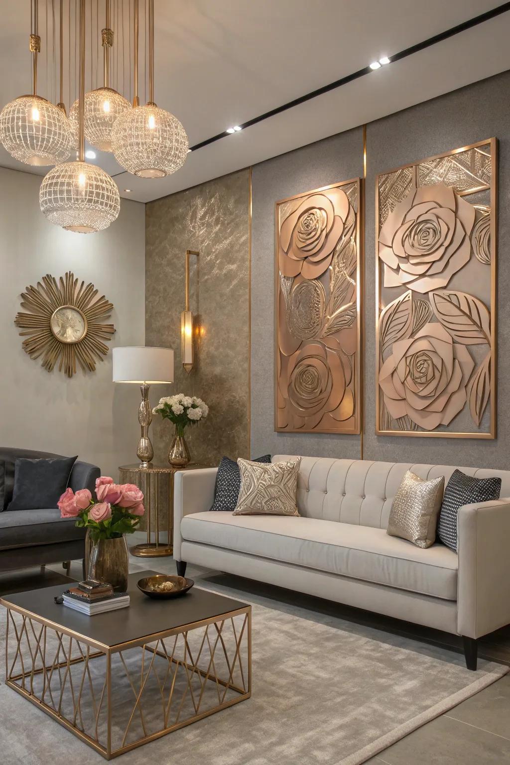 Conceptual wall art using rose gold tints incorporates an individual impression.