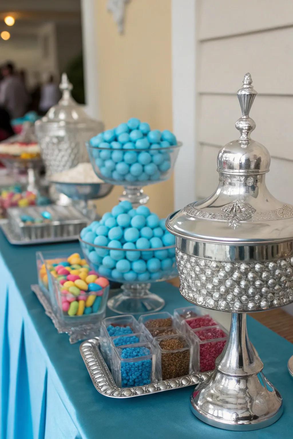 Sophisticated metallic accents that uplift the azure sweet arrangement.