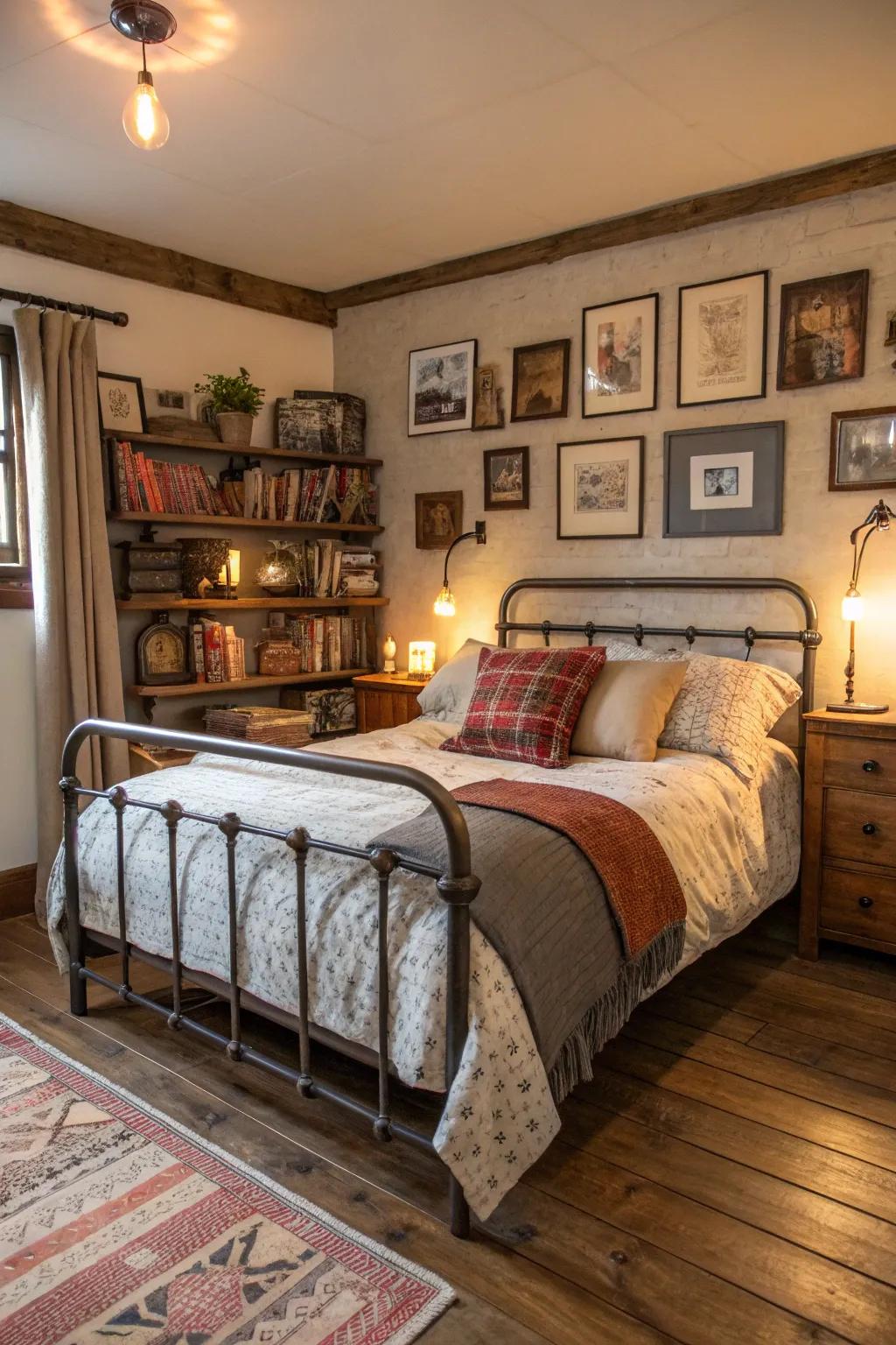 This antique bedroom gains a modern touch from a metal bed frame.