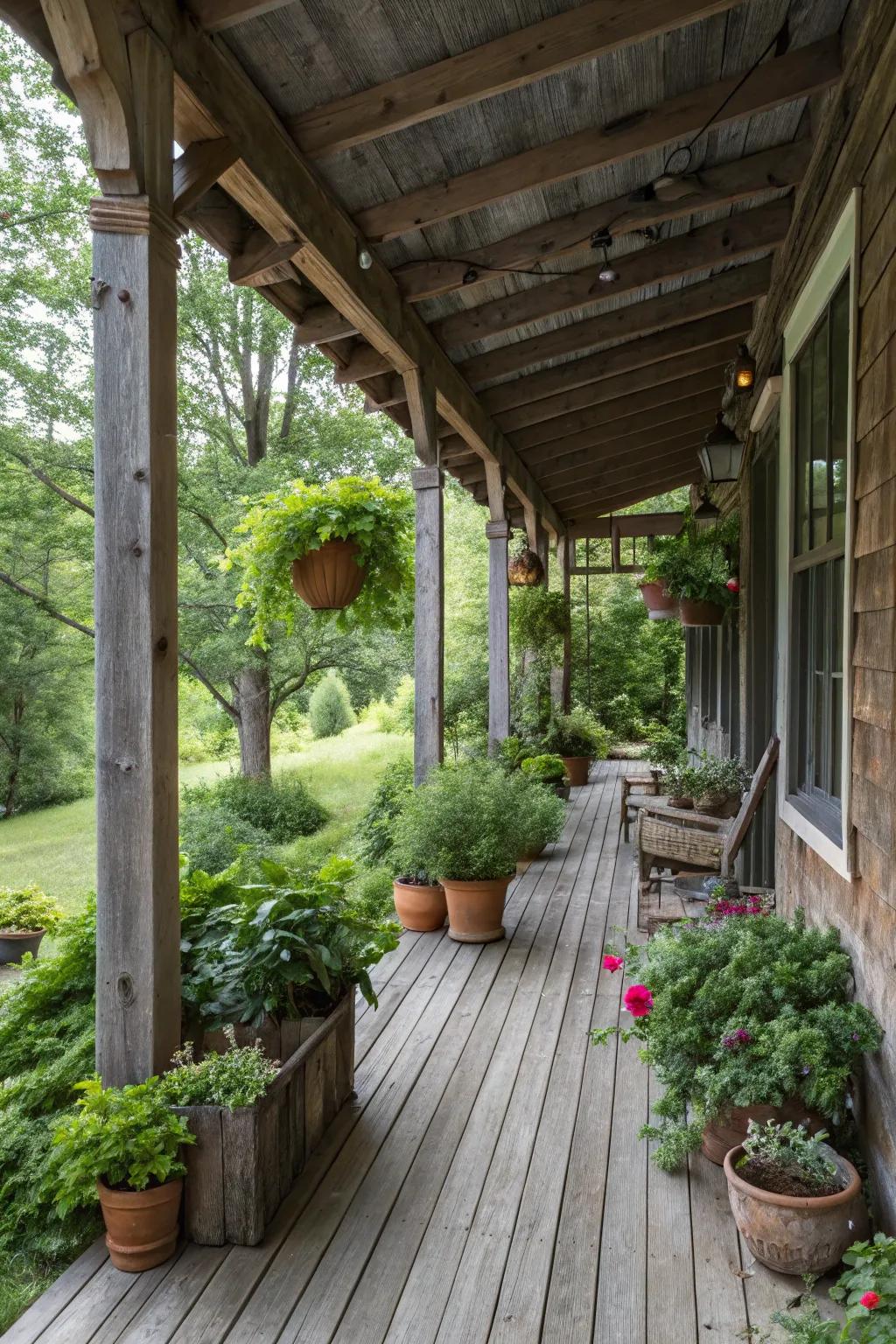 Lush potted plants bring life and color to your rustic porch.
