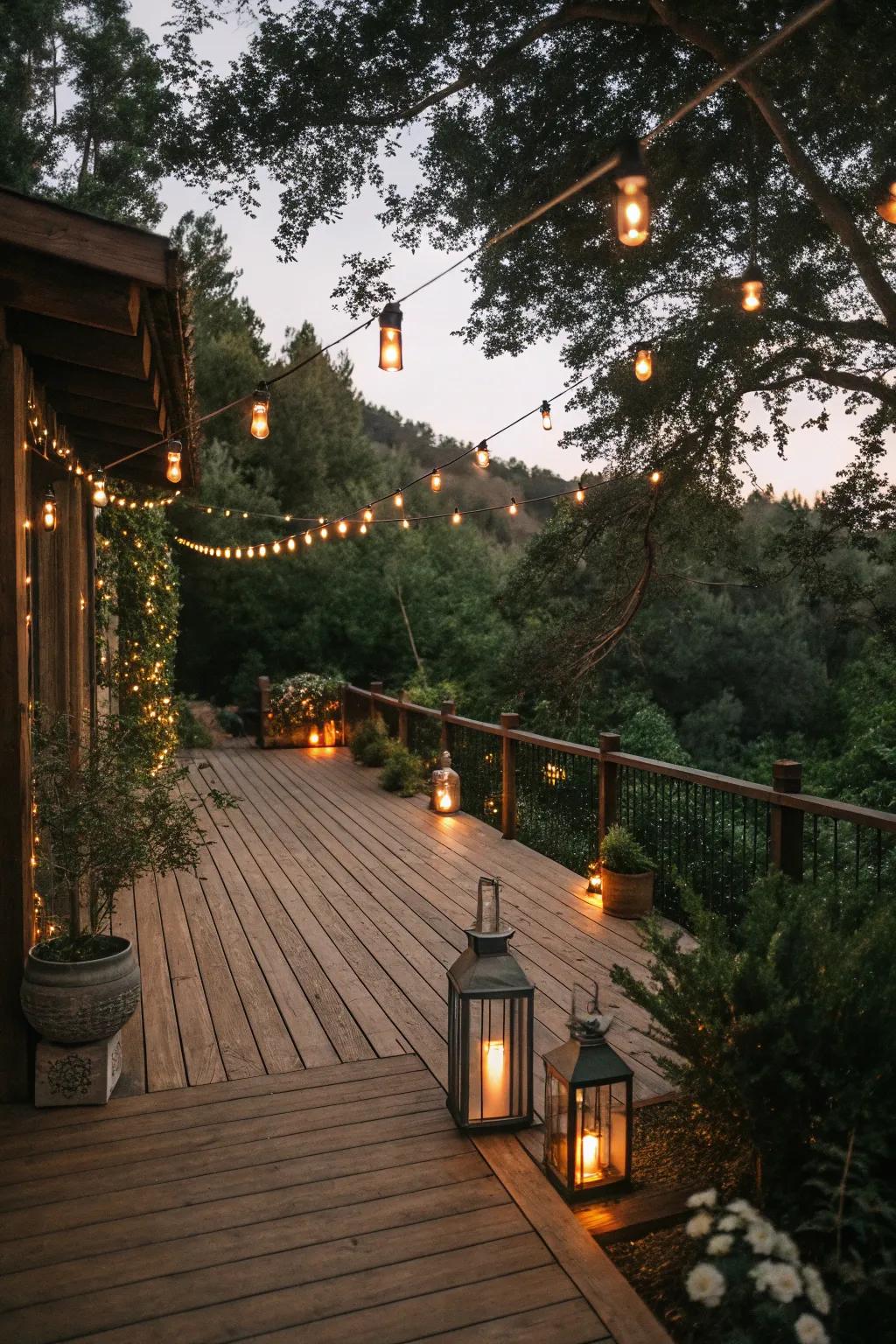 Festoon lights and sconces impart a bewitching radiance to this countryside deck.