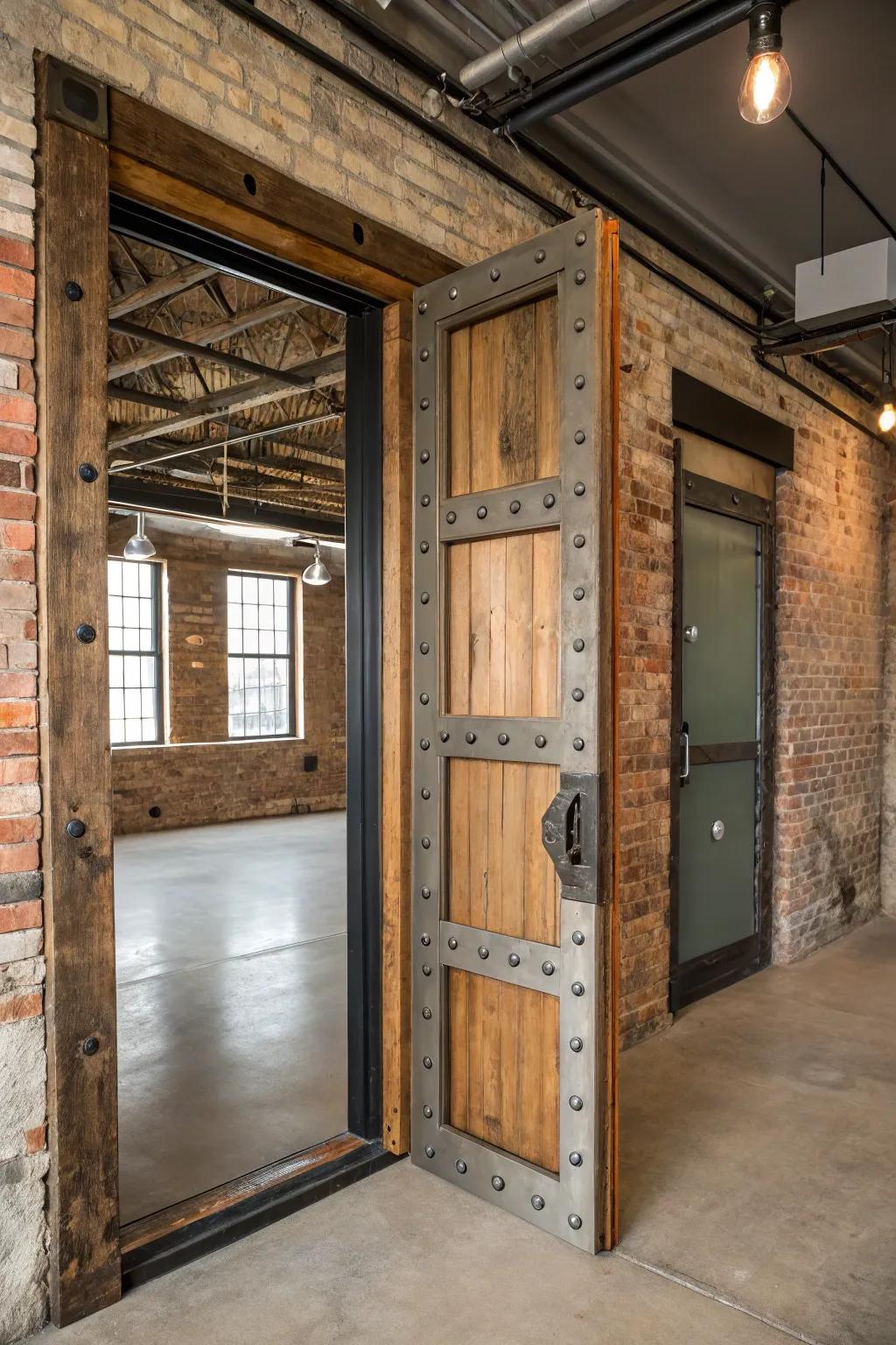 Where timber meets metal, this portal is a compelling study in rustic industrial harmony.