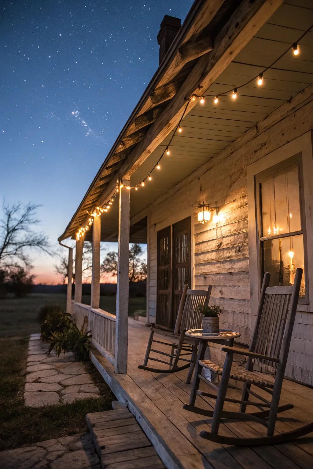 String lights bring a magical warmth to this rustic porch.