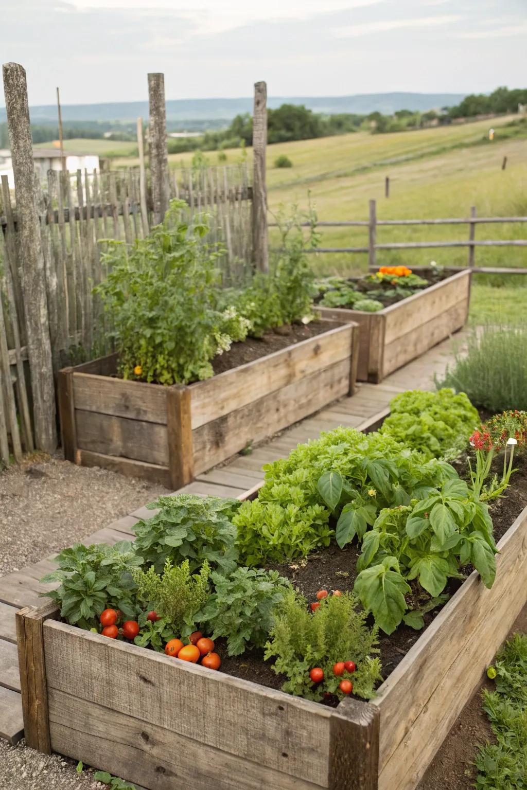 Elevated garden beds overflowing with vibrant foliage.
