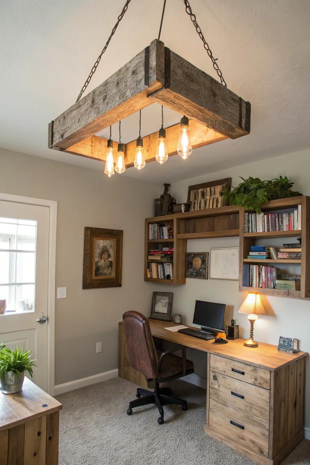 A self-made salvaged wood fixture introduces an exceptional flair to this personal office.