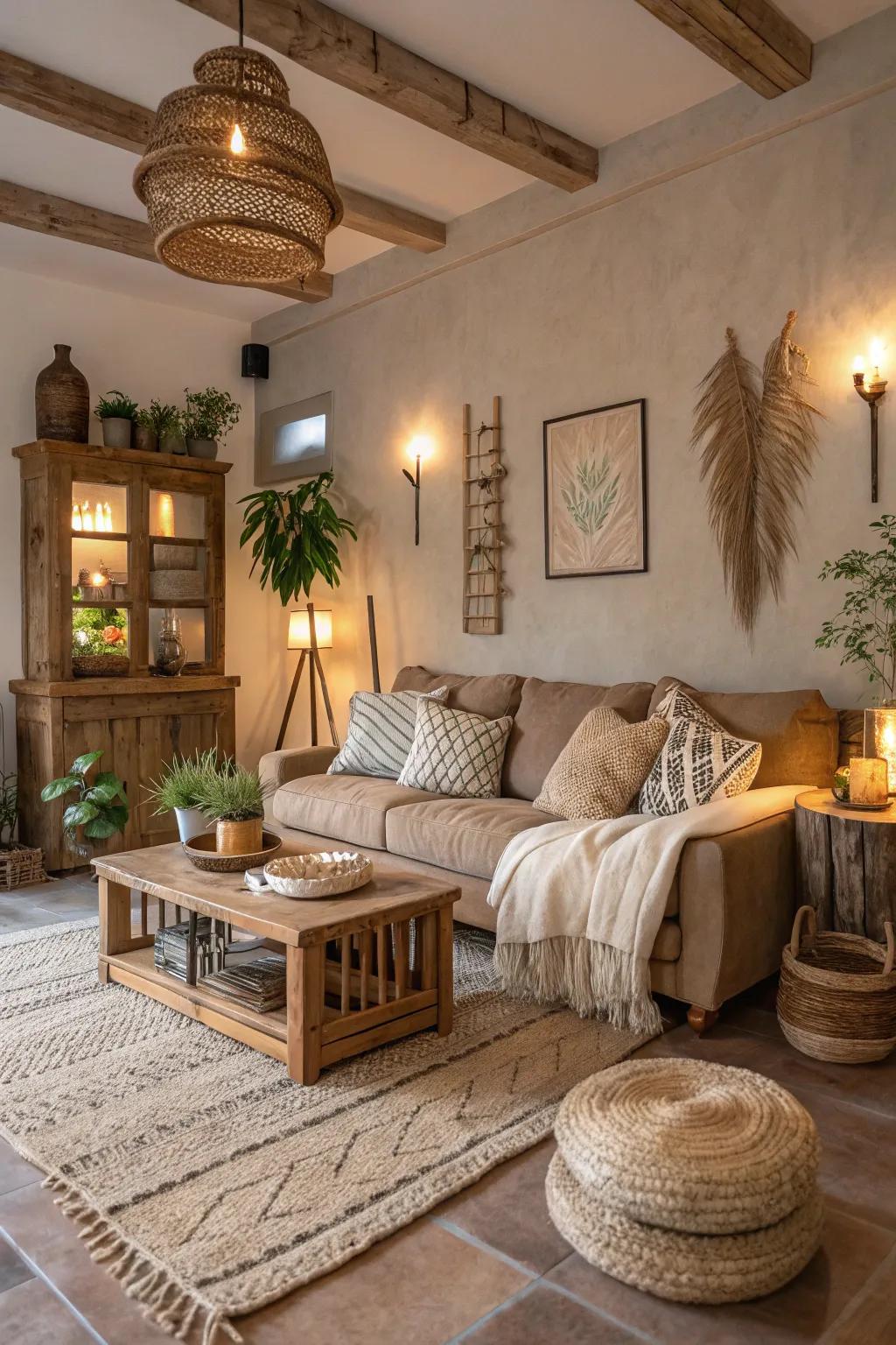 Neutral shades bring about an atmosphere of calm and welcome in country-style living rooms.