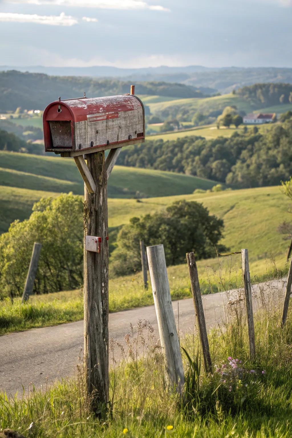 A weathered timber facade bestows this mailbox with lasting, homespun charm.