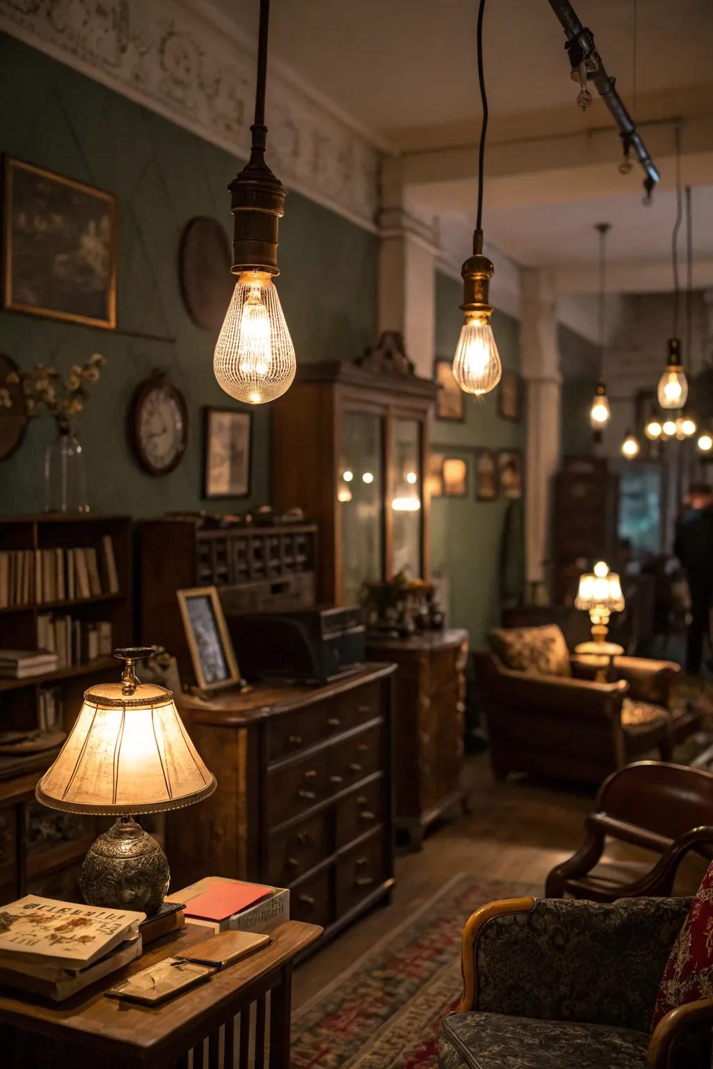 Subdued illumination with classic filaments adds warmth to this rustic space.