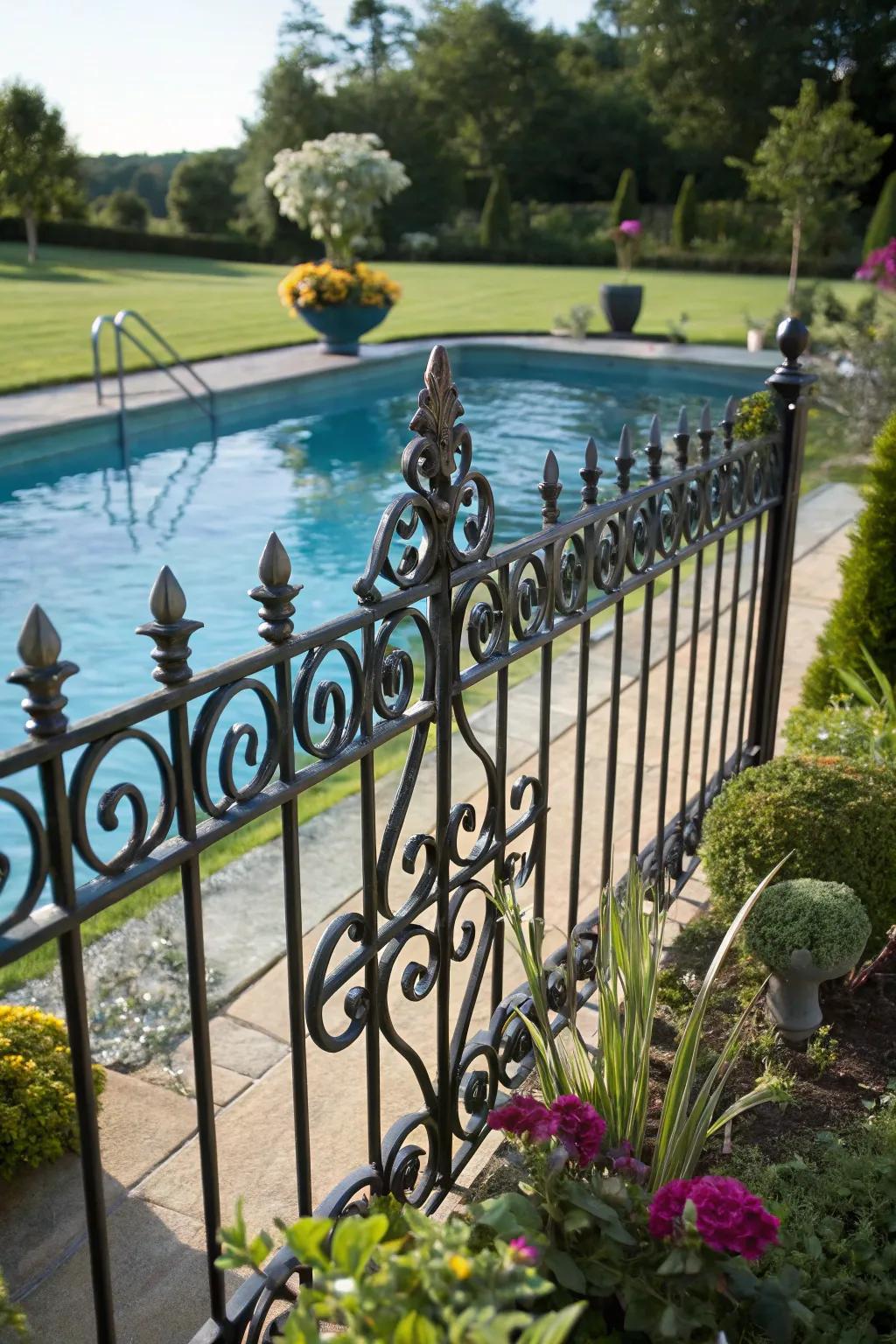 A chic wrought iron fence enhancing the elegance of the pool area.