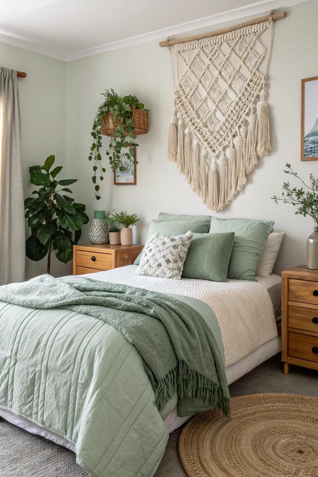 Knotted cordage infuses an artisanal detail into a country-style bedroom.